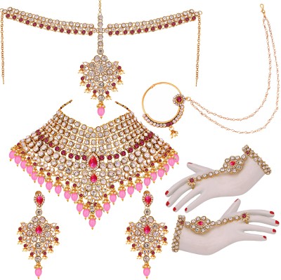 Lucky Jewellery Alloy Gold-plated Pink Jewellery Set(Pack of 7)