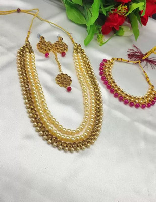 White pearl Alloy Gold-plated Pink, Gold Jewellery Set(Pack of 1)