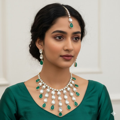 Matteo Bianchi Metal, Crystal, Dori Gold-plated, Silver Green Jewellery Set(Pack of 3)