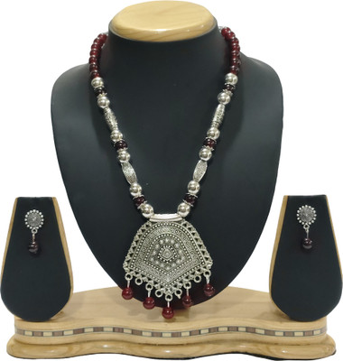 HARIHARA FASHION Oxidised Silver Maroon Jewellery Set(Pack of 1)
