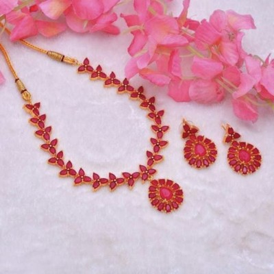 MK Gems Brass Red Jewellery Set(Pack of 1)