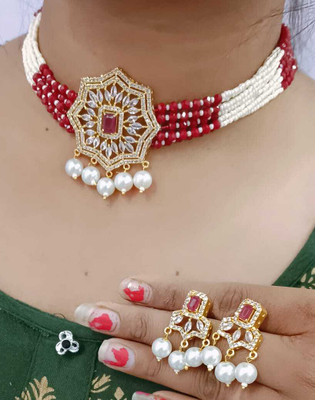 rrr Brass Gold-plated Red Jewellery Set(Pack of 1)