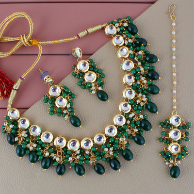 Lucky Jewellery Alloy Gold-plated Green Jewellery Set(Pack of 4)