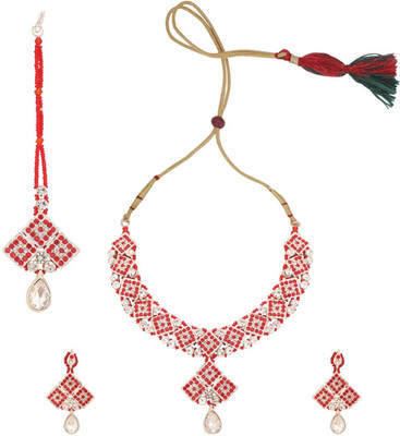 JEWELS GURU Brass Gold-plated Red Jewellery Set(Pack of 4)