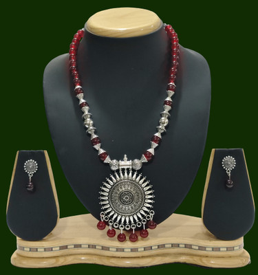 HARIHARA Oxidised Silver Maroon Jewellery Set(Pack of 1)