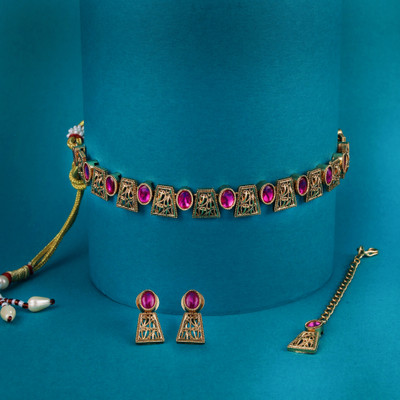 Saloni Fashion Jewellery Brass Gold-plated Pink Jewellery Set(Pack of 4)