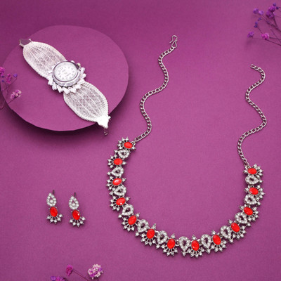 Sangria Brass Gold-plated Silver, White, Red Jewellery Set(Pack of 1)