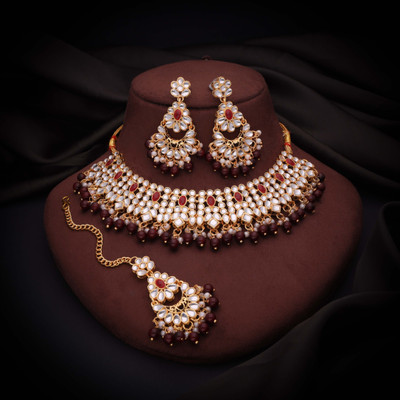 Parisal Brass Gold-plated Gold, Maroon Jewellery Set(Pack of 1)