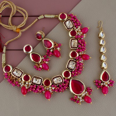 Lucky Jewellery Alloy Gold-plated Pink Jewellery Set(Pack of 4)