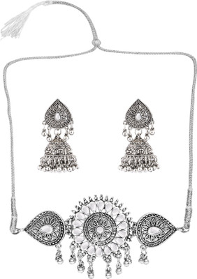 Pujvi Oxidised Silver White Jewellery Set(Pack of 1)
