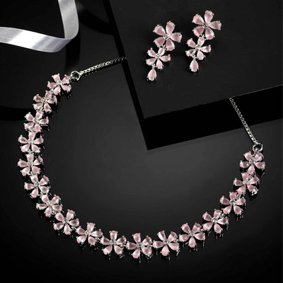 ZENEME Brass Rhodium Silver, Pink Jewellery Set(Pack of 1)