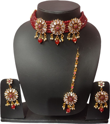 jatin imitation Metal, Stone Gold-plated Red Jewellery Set(Pack of 1)