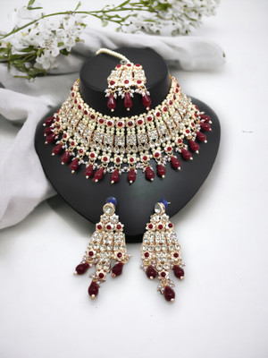 Yuzi Jewells Alloy Gold-plated Maroon Jewellery Set(Pack of 4)