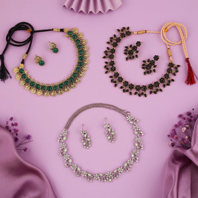 Sangria Brass Gold-plated Gold, White, Green Jewellery Set(Pack of 3)