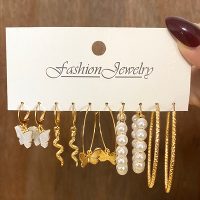 TVI Combo of 5 Pair Gold Plated Butterfly Snake Pearl Hoop Earring For Women / Girls Pearl Alloy Hoop Earring