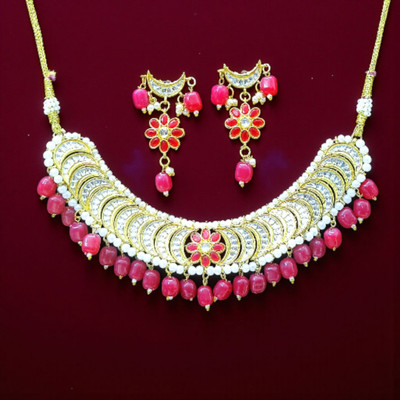 Aroras Bridal & Fashion Jewellery Brass Gold-plated Gold, Pink Jewellery Set(Pack of 1)