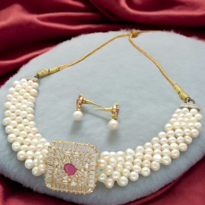 Sri Jagdamba Pearls Mother of Pearl Gold-plated White Jewellery Set(Pack of 1)