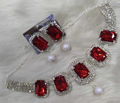 Vacker Alloy Silver Maroon Jewellery Set(Pack of 1)