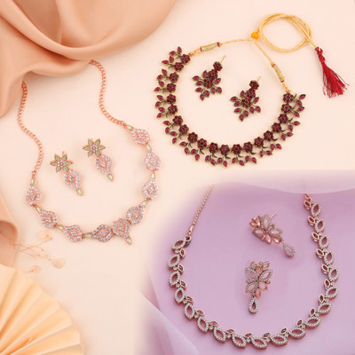 Alasca Brass Gold-plated Rose Gold, Gold, White, Green Jewellery Set(Pack of 3)