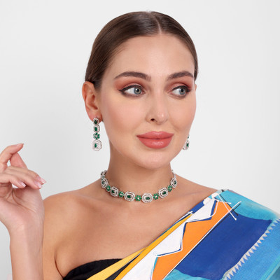 Manuvi Jewels Alloy Silver Green Jewellery Set(Pack of 1)