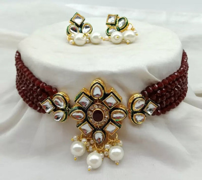 Nivaan Mother of Pearl Gold-plated Maroon Jewellery Set(Pack of 1)