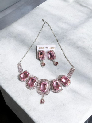 Henuka Alloy Silver Pink Jewellery Set(Pack of 1)