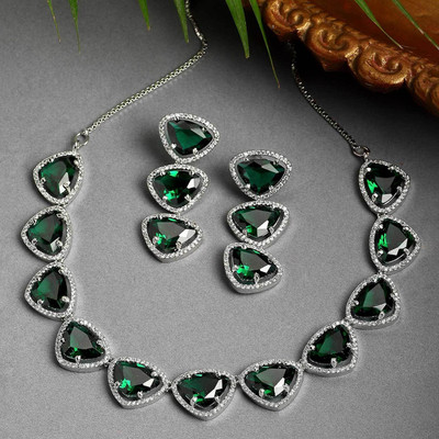 ZENEME Brass Rhodium Silver, Green Jewellery Set(Pack of 1)
