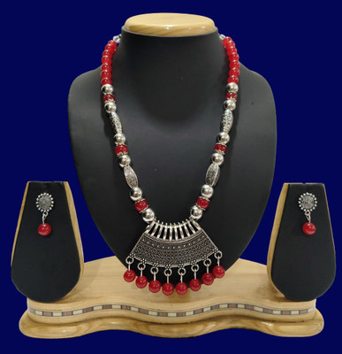 Geesa Oxidised Silver Red Jewellery Set(Pack of 1)