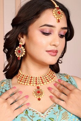 Krishna Enterprise Alloy Gold-plated Red Jewellery Set(Pack of 3)