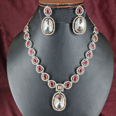 Diwamjewels Brass Silver Ruby Red Jewellery Set(Pack of 1)