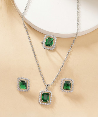 ZENEME Brass Rhodium Silver, Green Jewellery Set(Pack of 3)