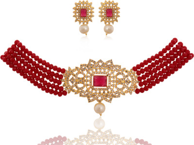 Tanusha Jewels Brass, Crystal Gold-plated Red Jewellery Set(Pack of 1)