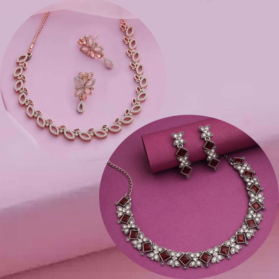 LYRISS Brass Gold-plated Maroon Jewellery Set(Pack of 2)