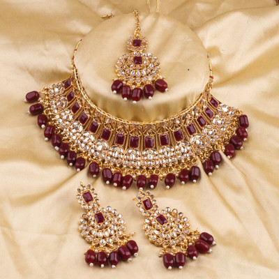 SHIV SHAKTI JEWELLERS Alloy Gold-plated Maroon Jewellery Set(Pack of 3)