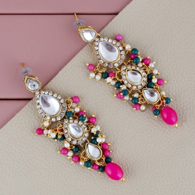 Lucky Jewellery Traditional Gold Plated Kundan Stone Magenta Green Earrings for Girls & Women Beads Alloy Drops & Danglers