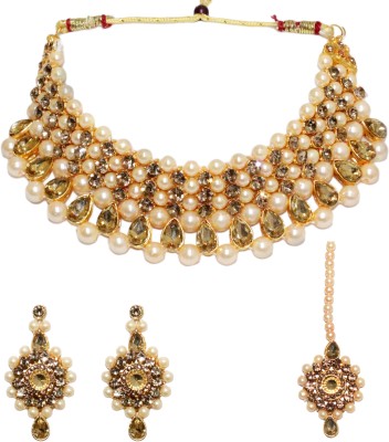 Hemshail Trendy Kundan Wedding Yellow Choker Jewellery set for Women Diamond Gold-plated Plated Alloy Necklace Set
