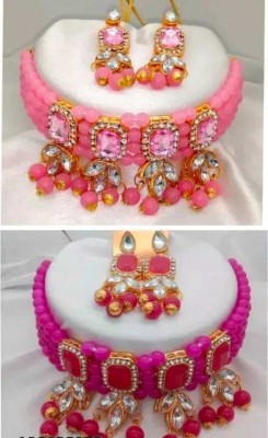 RAHUL TRADERS Alloy Gold-plated Pink, Ruby Red Jewellery Set(Pack of 2)