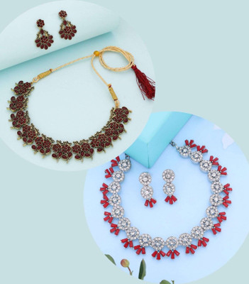Divastri Brass Gold-plated Red, Maroon, Silver Jewellery Set(Pack of 2)