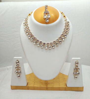 Depanu Brass Gold-plated White Jewellery Set(Pack of 1)