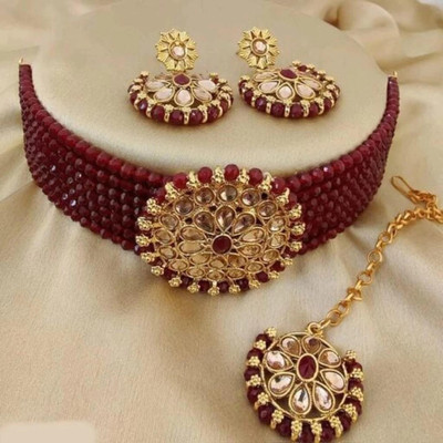 Chikku Alloy Gold-plated Maroon Jewellery Set(Pack of 1)
