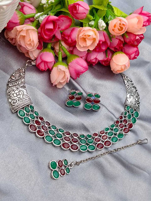 DENICRAAS Oxidised Silver Silver Red, Green Jewellery Set(Pack of 1)