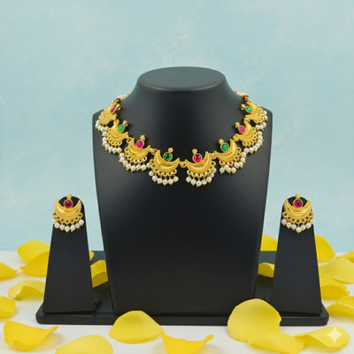 Navadurga Jewels Brass Gold-plated Ruby Red, Green, Gold, White Jewellery Set(Pack of 1)