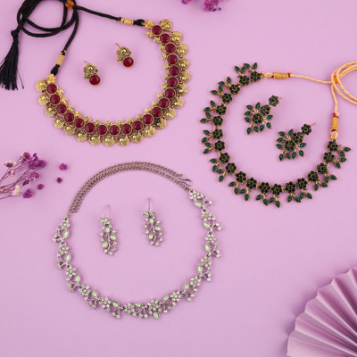 Sangria Brass Gold-plated Gold, Maroon, White Jewellery Set(Pack of 3)