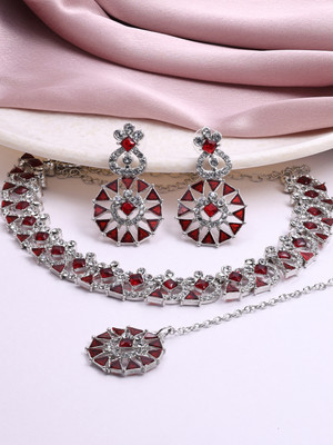 SAIYONI Alloy Rhodium Maroon Jewellery Set(Pack of 4)
