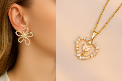 Henuka Alloy Gold-plated White Jewellery Set(Pack of 2)