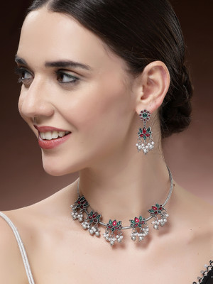 Karatcart Oxidised Silver Silver Red Jewellery Set(Pack of 1)