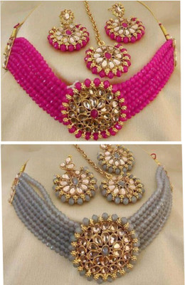 house of common Alloy Gold-plated Ruby Red, Grey Jewellery Set(Pack of 2)