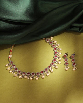 Saloni Fashion Jewellery Brass Gold-plated Ruby Red Jewellery Set(Pack of 3)