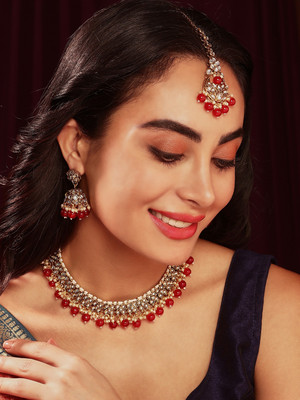 Priyaasi Brass Gold-plated Red Jewellery Set(Pack of 4)