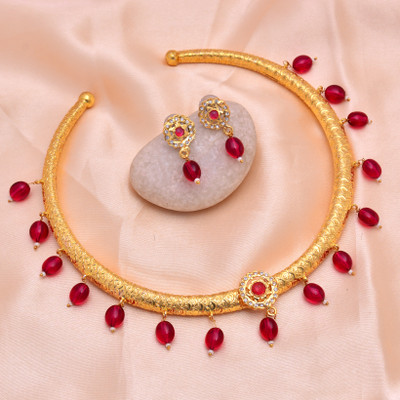 mohit jewellers Brass Gold-plated Red Jewellery Set(Pack of 1)